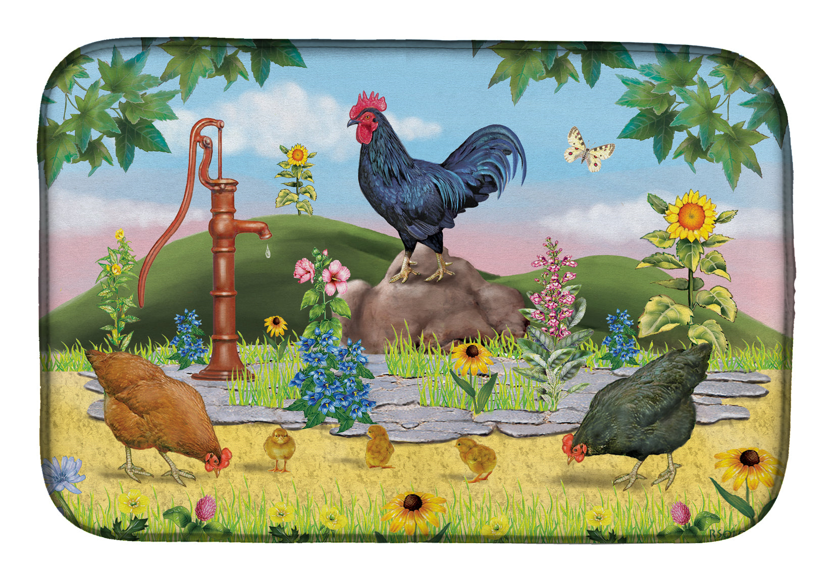 Rooster And Water Pump Dish Drying Mat Absorbent Dish Drying Mat Pad for Kitchen Counter Dish Drainer Mat for Countertop, 14 x 21", Multicolor