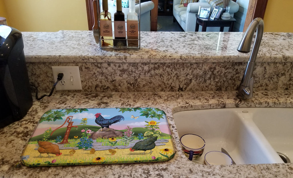 Rooster And Water Pump Dish Drying Mat Absorbent Dish Drying Mat Pad for Kitchen Counter Dish Drainer Mat for Countertop, 14 x 21", Multicolor