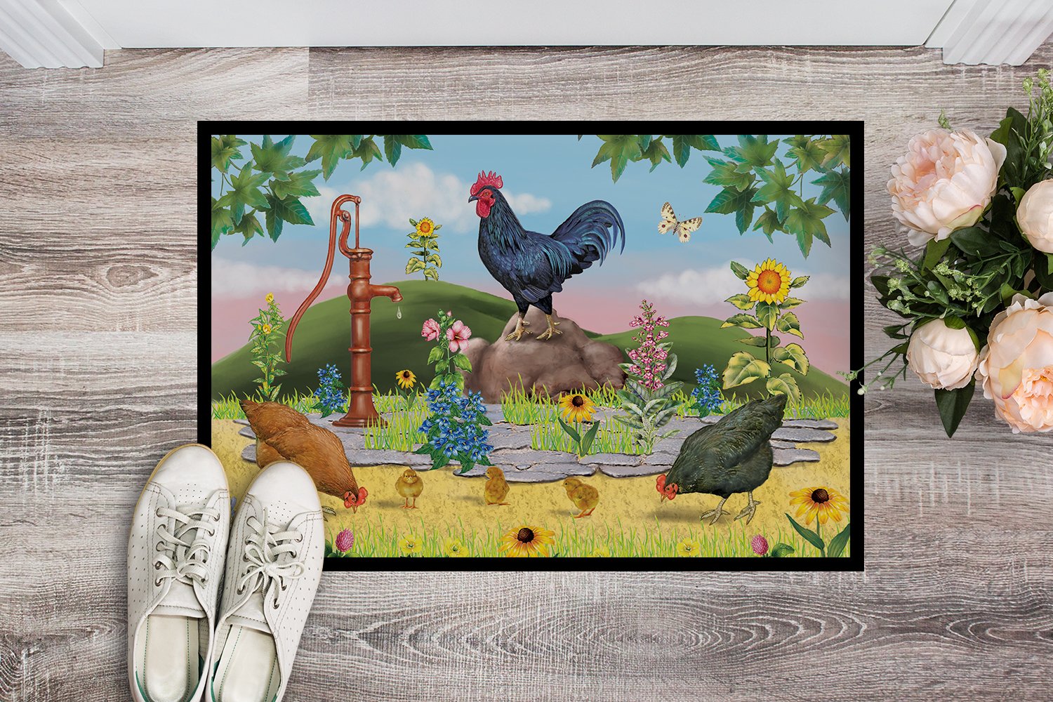Rooster And Water Pump Doormat Indoor Outdoor 24H X 36W Front Door Mat Rugs for Entryway, Non Slip Washable Low Pile,