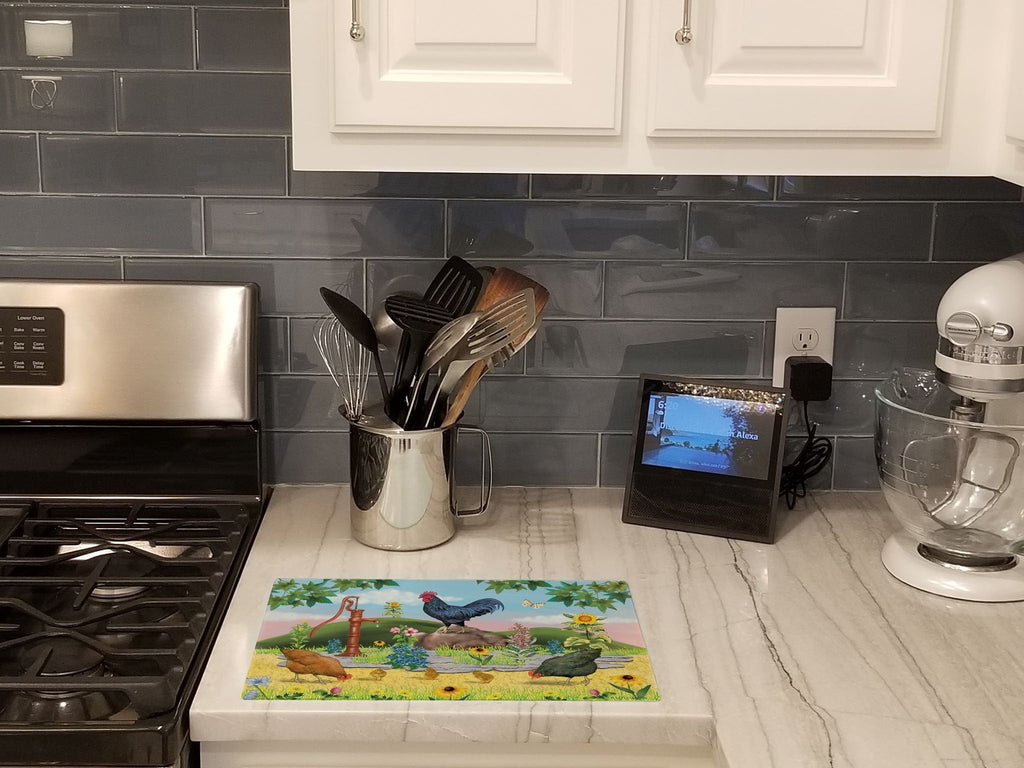 Rooster And Water Pump Cutting Board Tempered Glass Kitchen Cutting Surface, Heat Resistant Chopping, Non-Slip Feet, Food Prep & Serving
