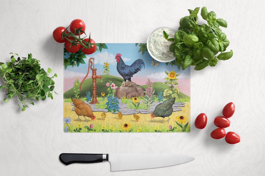 Rooster And Water Pump Cutting Board Tempered Glass Kitchen Cutting Surface, Heat Resistant Chopping, Non-Slip Feet, Food Prep & Serving