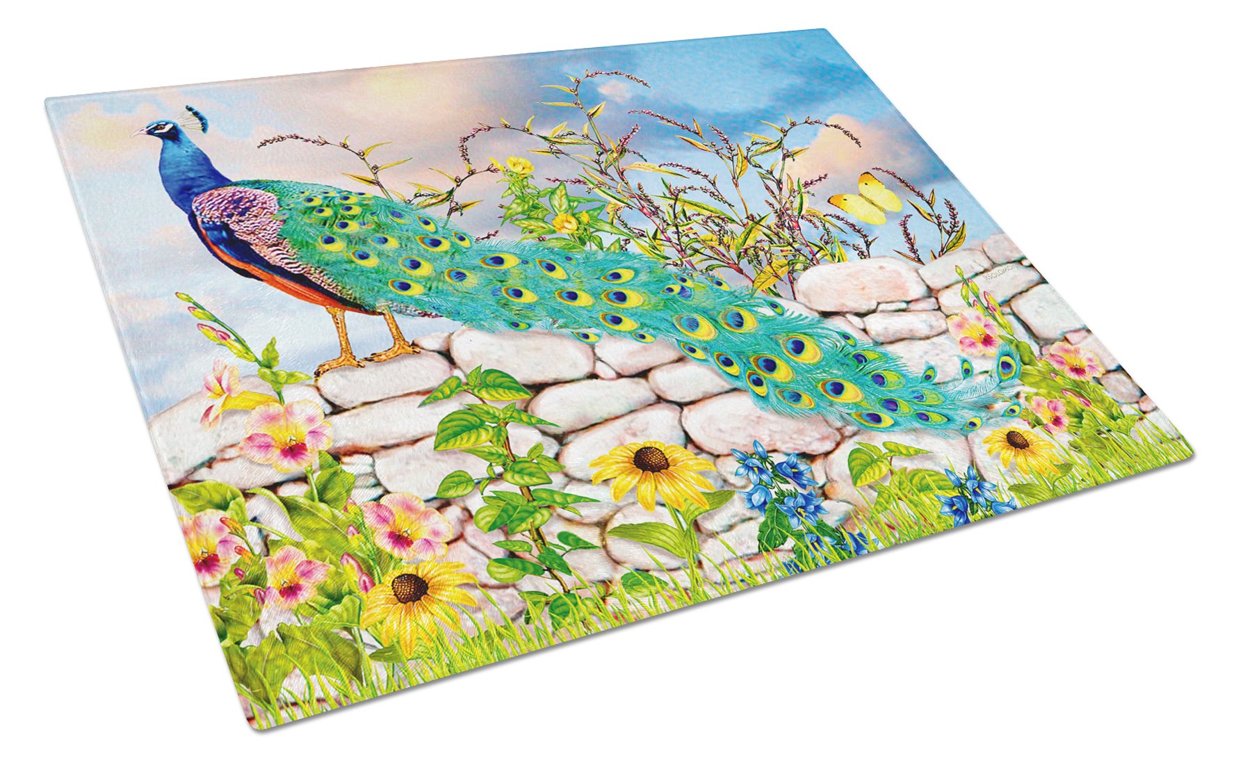Proud Peacock Cutting Board Tempered Glass Kitchen Cutting Surface, Heat Resistant Chopping, Non-Slip Feet, Food Prep & Serving