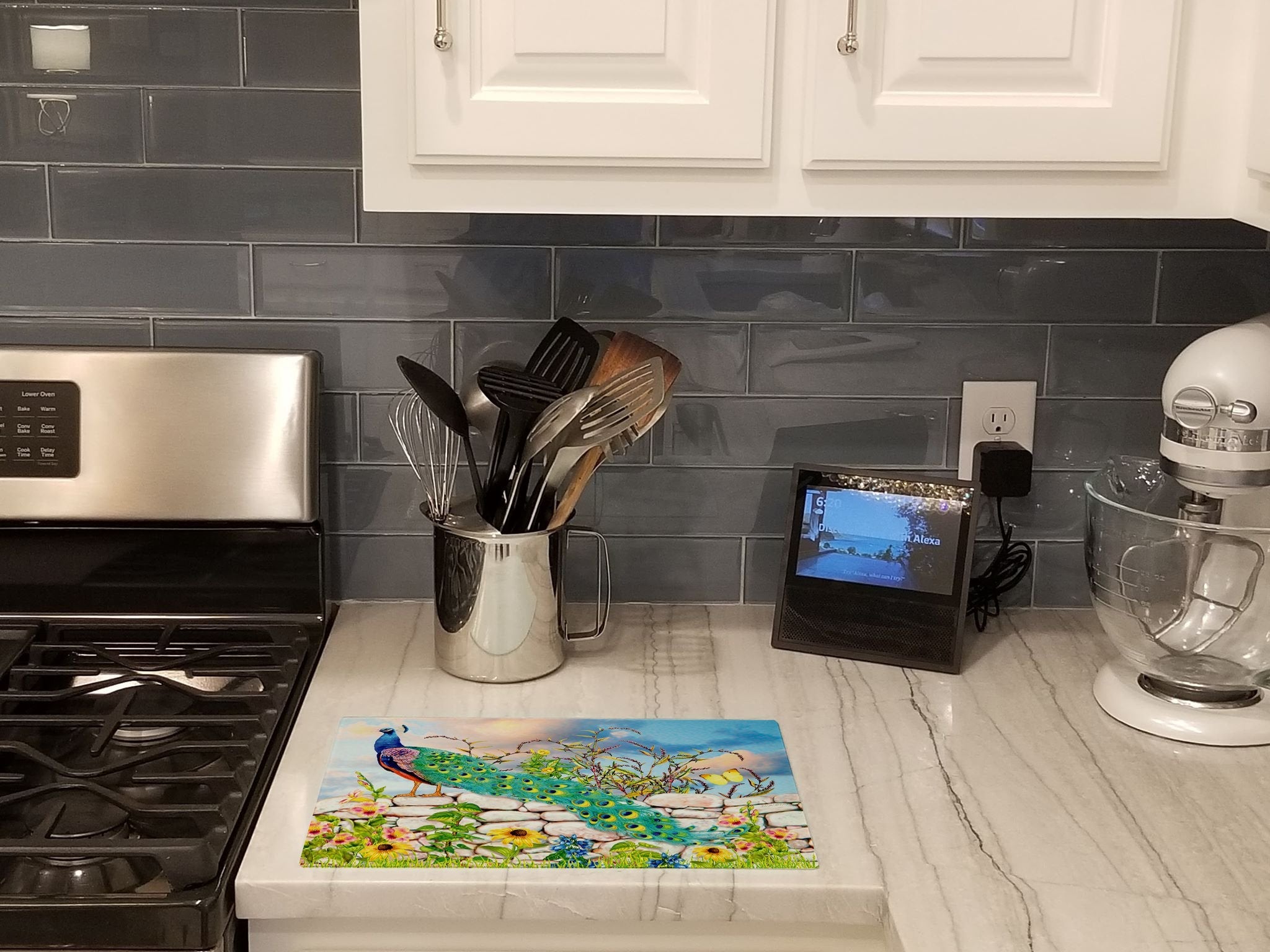 Proud Peacock Cutting Board Tempered Glass Kitchen Cutting Surface, Heat Resistant Chopping, Non-Slip Feet, Food Prep & Serving