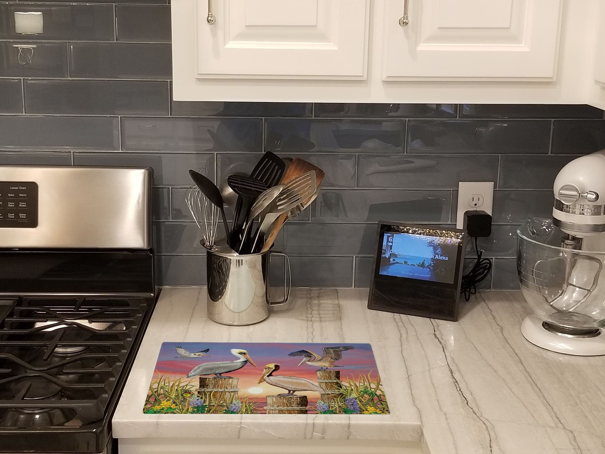 Pelicans Cutting Board Tempered Glass Kitchen Cutting Surface, Heat Resistant Chopping, Non-Slip Feet, Food Prep & Serving