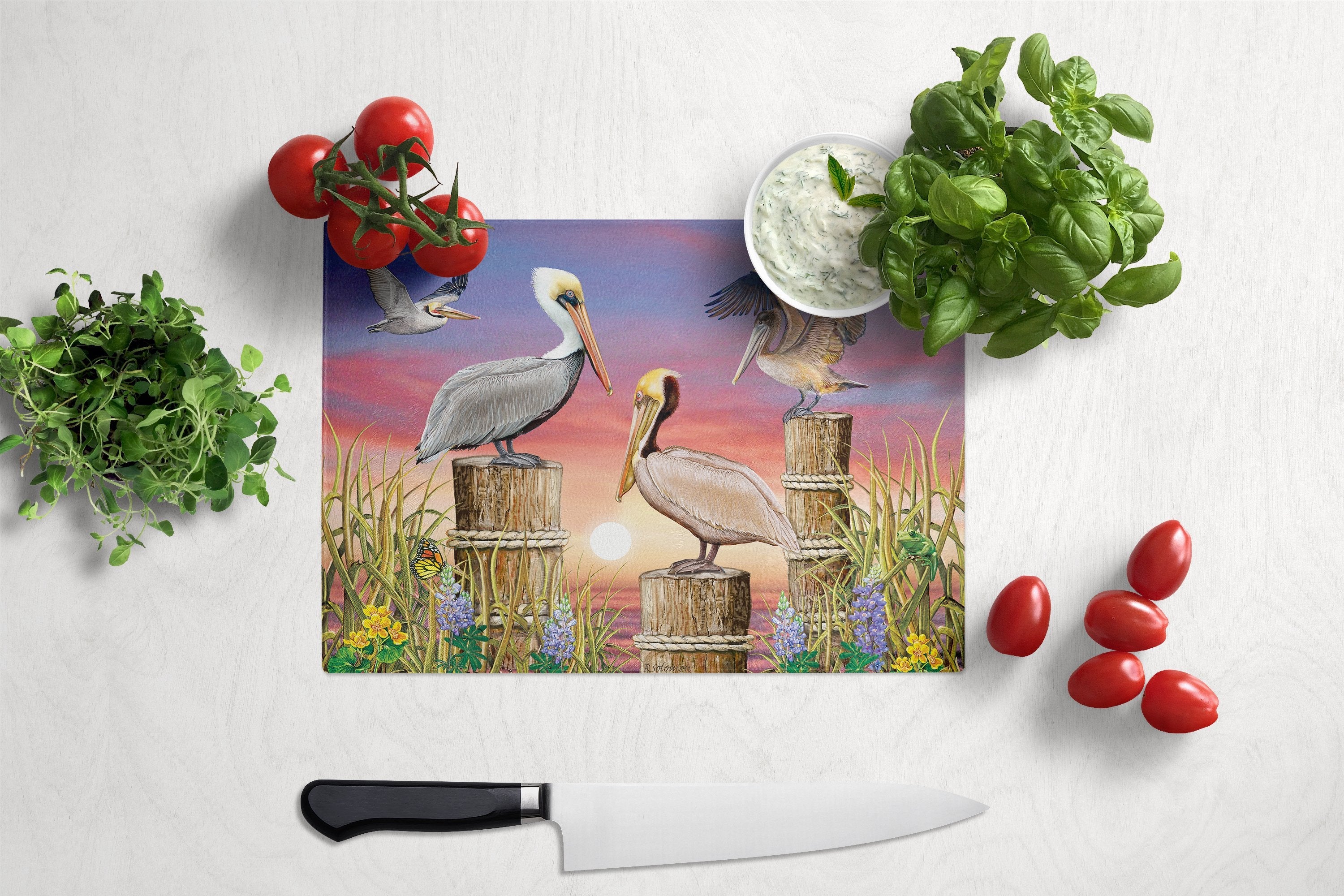 Pelicans Cutting Board Tempered Glass Kitchen Cutting Surface, Heat Resistant Chopping, Non-Slip Feet, Food Prep & Serving