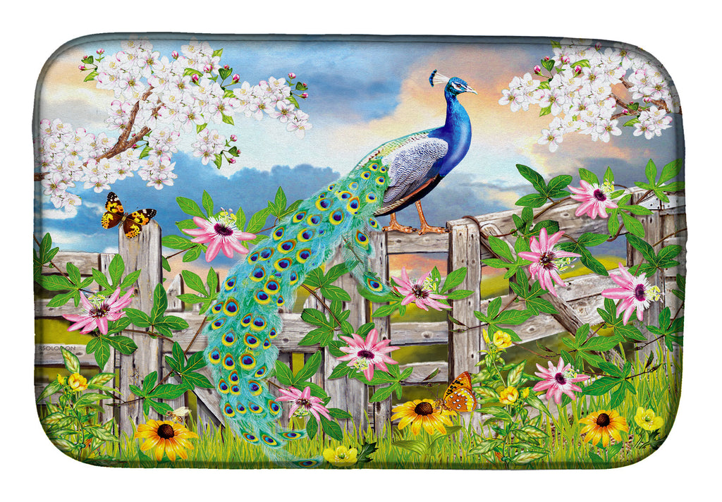 Peacock on Garden Fence Dish Drying Mat Absorbent Dish Drying Mat Pad for Kitchen Counter Dish Drainer Mat for Countertop, 14 x 21", Multicolor