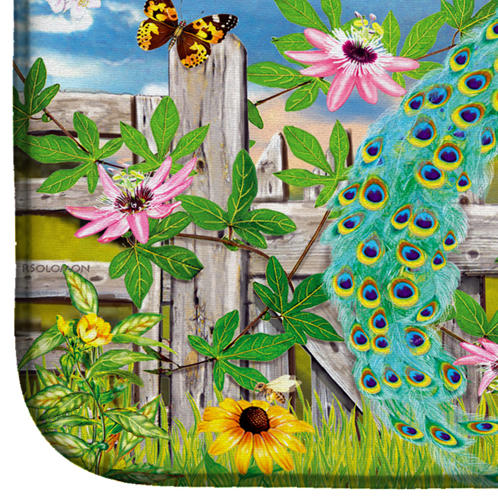 Peacock on Garden Fence Dish Drying Mat Absorbent Dish Drying Mat Pad for Kitchen Counter Dish Drainer Mat for Countertop, 14 x 21", Multicolor