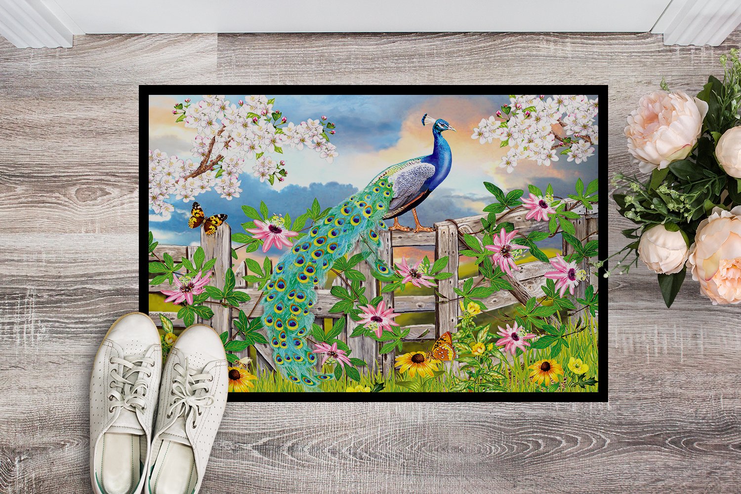 Peacock on Garden Fence Doormat Indoor Outdoor 24H X 36W Front Door Mat Rugs for Entryway, Non Slip Washable Low Pile,