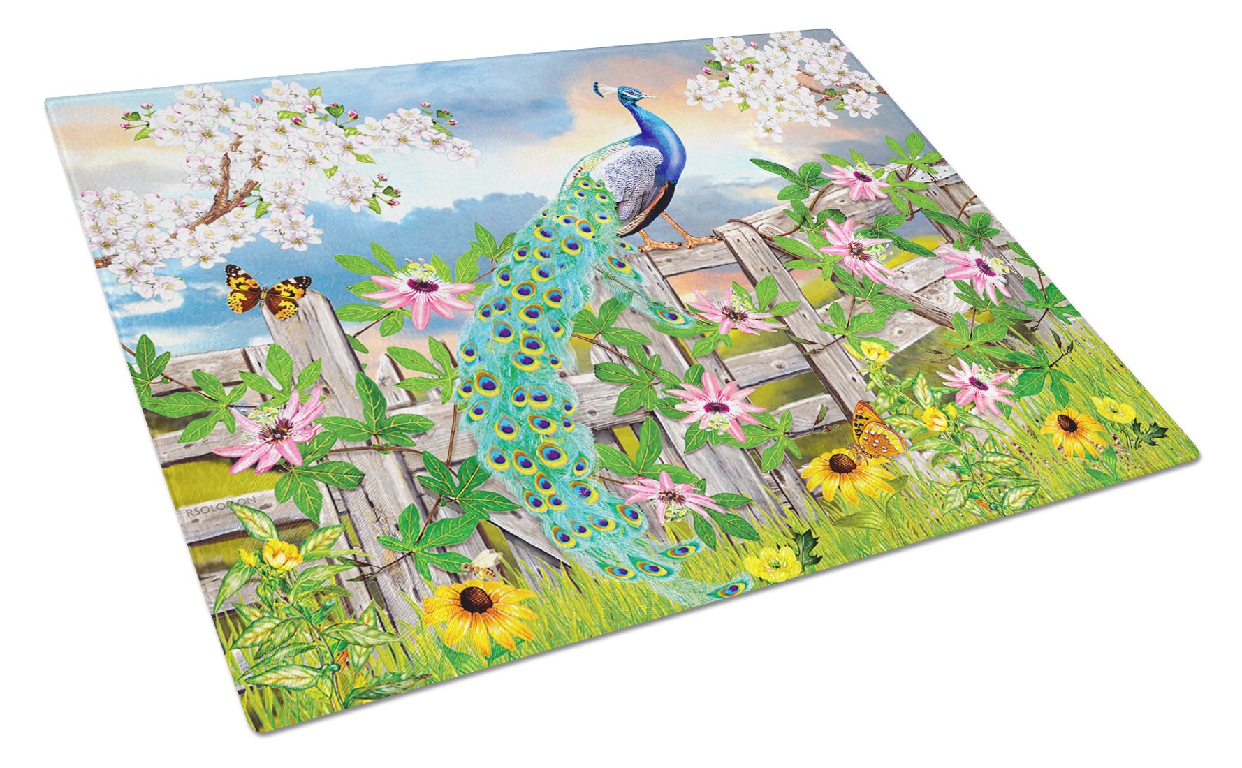 Peacock on Garden Fence Cutting Board Tempered Glass Kitchen Cutting Surface, Heat Resistant Chopping, Non-Slip Feet, Food Prep & Serving
