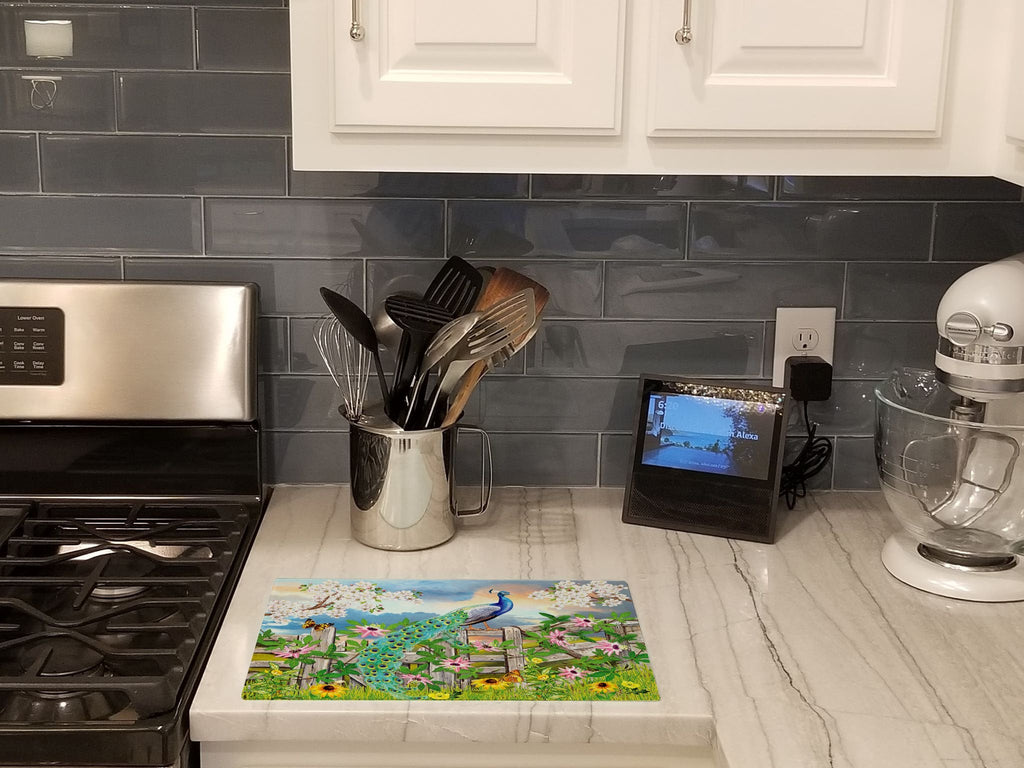 Peacock on Garden Fence Cutting Board Tempered Glass Kitchen Cutting Surface, Heat Resistant Chopping, Non-Slip Feet, Food Prep & Serving