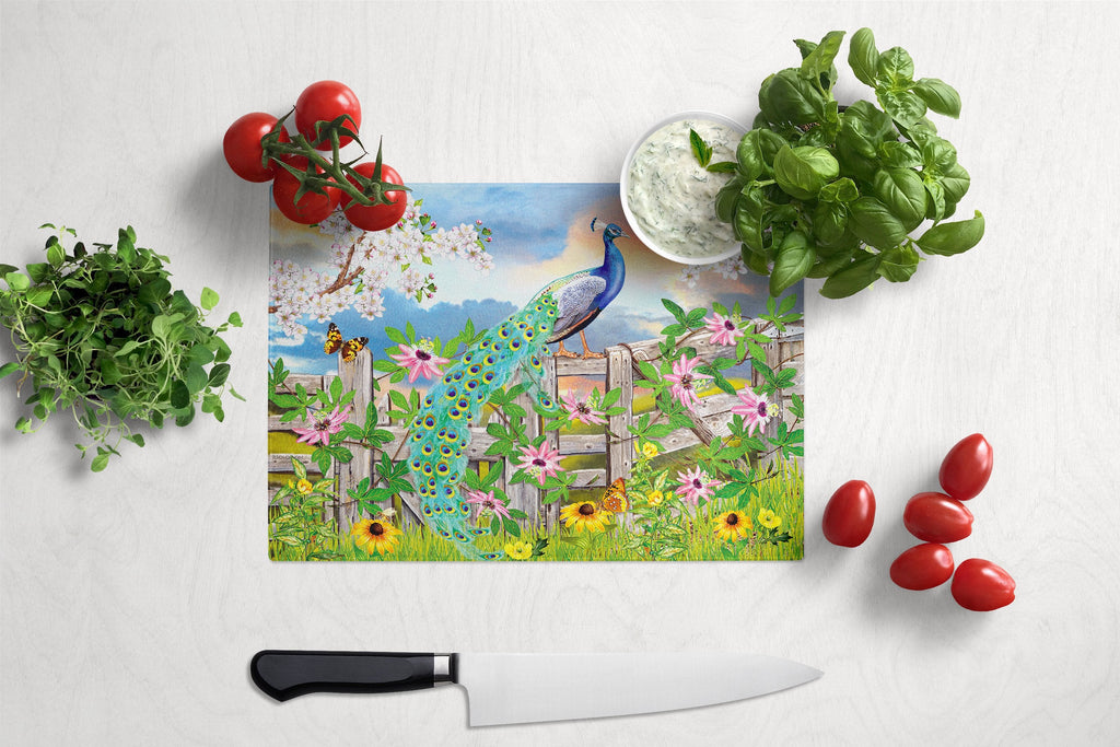Peacock on Garden Fence Cutting Board Tempered Glass Kitchen Cutting Surface, Heat Resistant Chopping, Non-Slip Feet, Food Prep & Serving
