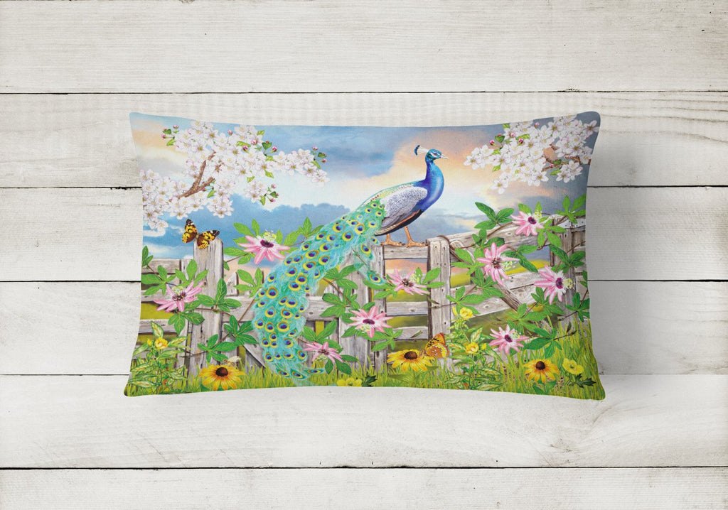 Peacock on Garden Fence Decorative Throw Pillow 12x16 Indoor Outdoor Accent Cushion, Fabric Cover with Insert for Sofa, Bed, Porch & Living Room