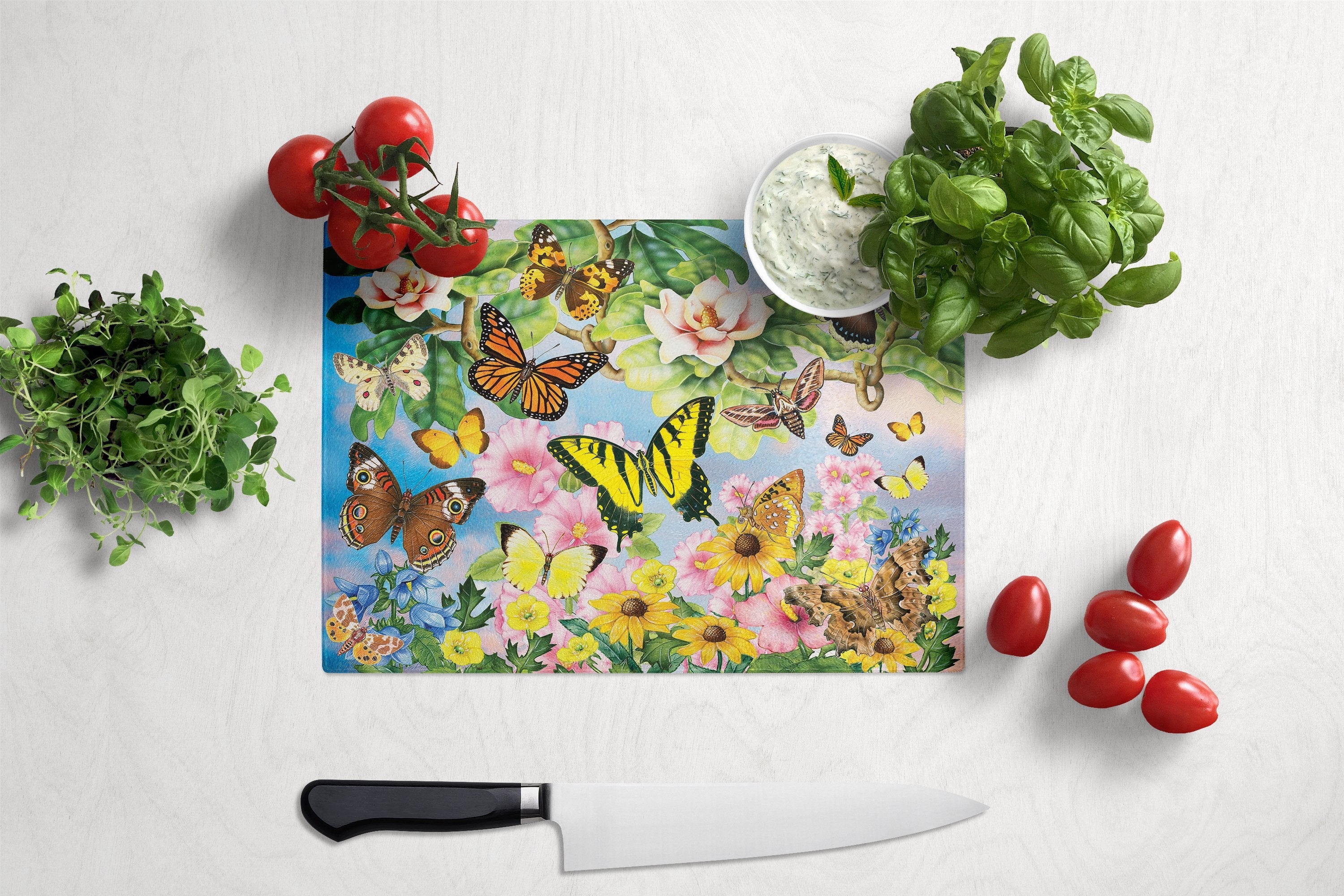 North American Butterflies Cutting Board Tempered Glass Kitchen Cutting Surface, Heat Resistant Chopping, Non-Slip Feet, Food Prep & Serving