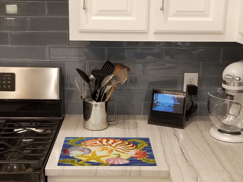 Nautilus And Gulf And Sundial Cutting Board Tempered Glass Kitchen Cutting Surface, Heat Resistant Chopping, Non-Slip Feet, Food Prep & Serving