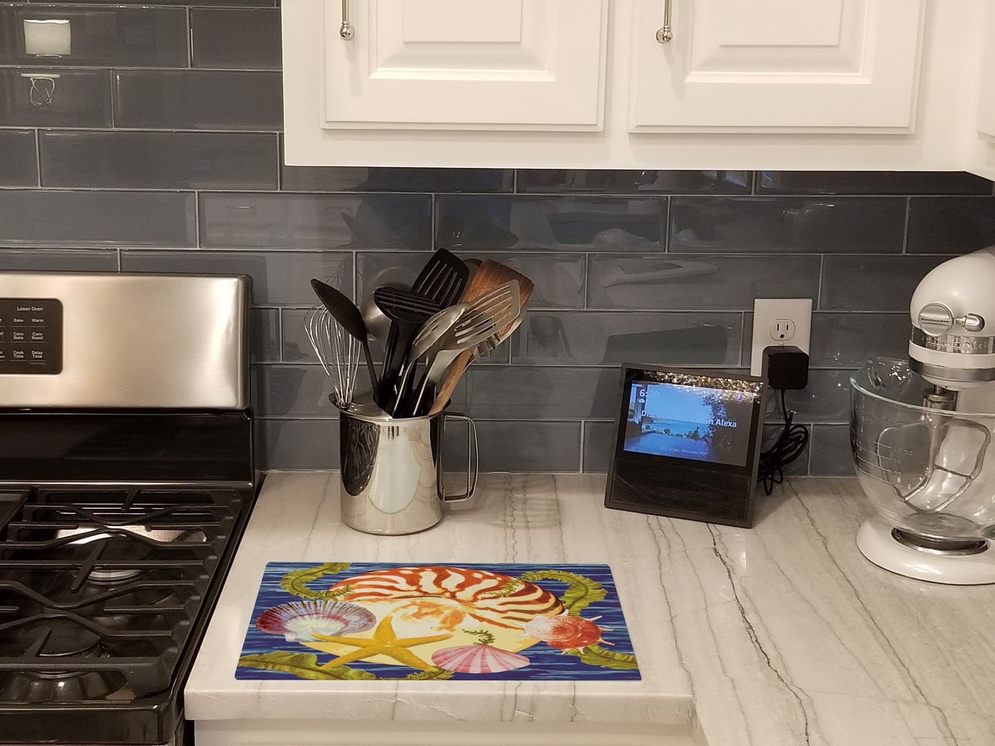 Nautilus And Gulf And Sundial Cutting Board Tempered Glass Kitchen Cutting Surface, Heat Resistant Chopping, Non-Slip Feet, Food Prep & Serving