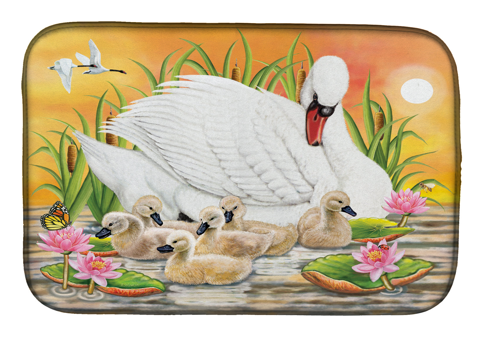 Mother Swan At Sunset Dish Drying Mat Absorbent Dish Drying Mat Pad for Kitchen Counter Dish Drainer Mat for Countertop, 14 x 21", Multicolor