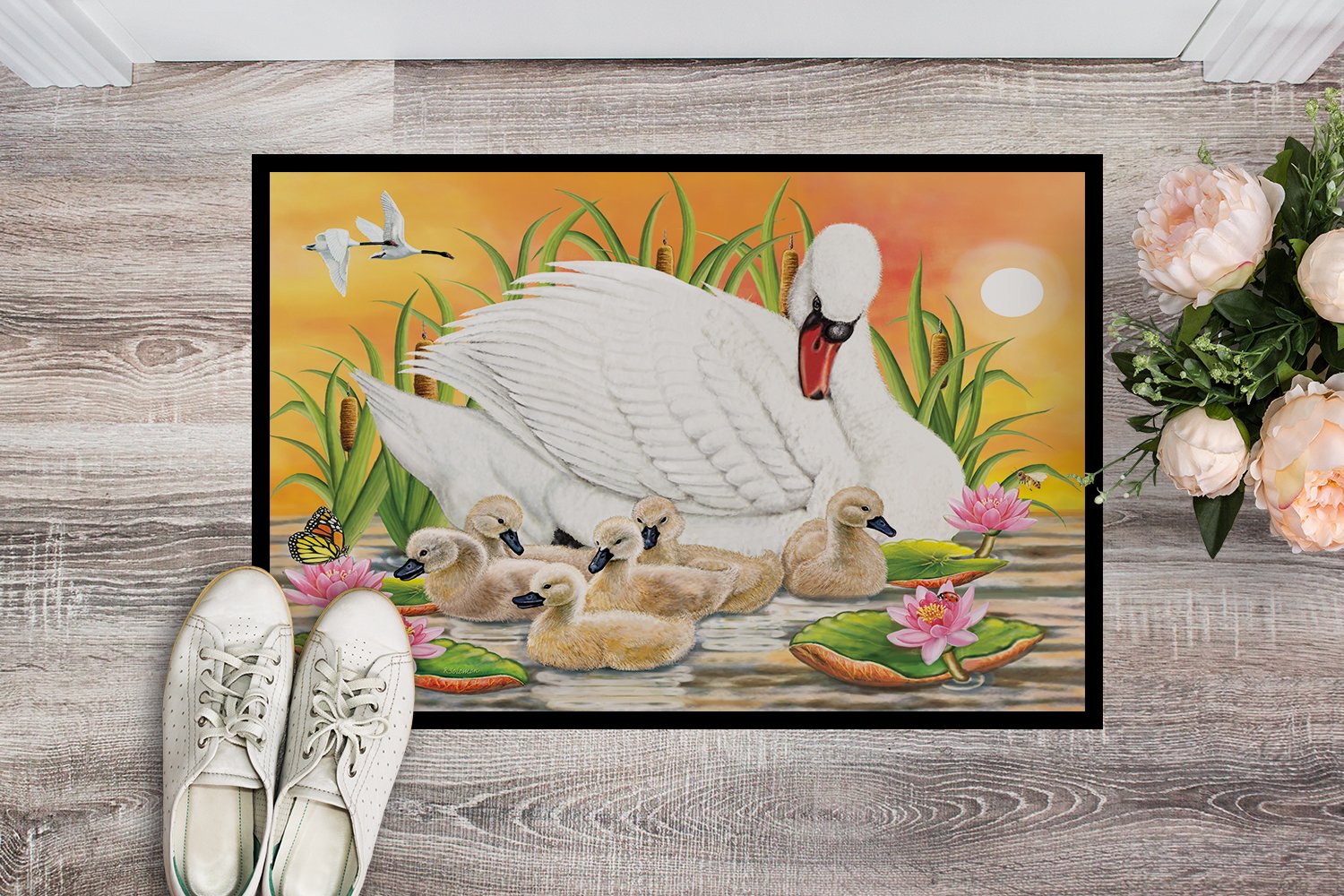 Mother Swan At Sunset Doormat Indoor Outdoor 24H X 36W Front Door Mat Rugs for Entryway, Non Slip Washable Low Pile,