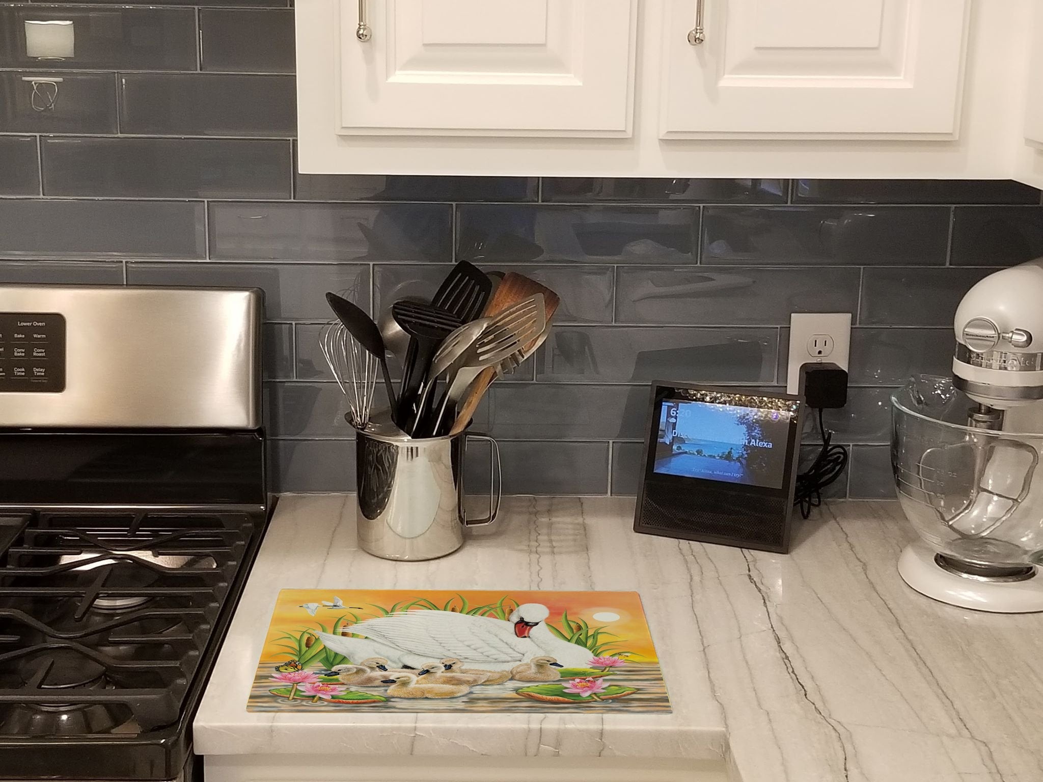 Mother Swan At Sunset Cutting Board Tempered Glass Kitchen Cutting Surface, Heat Resistant Chopping, Non-Slip Feet, Food Prep & Serving