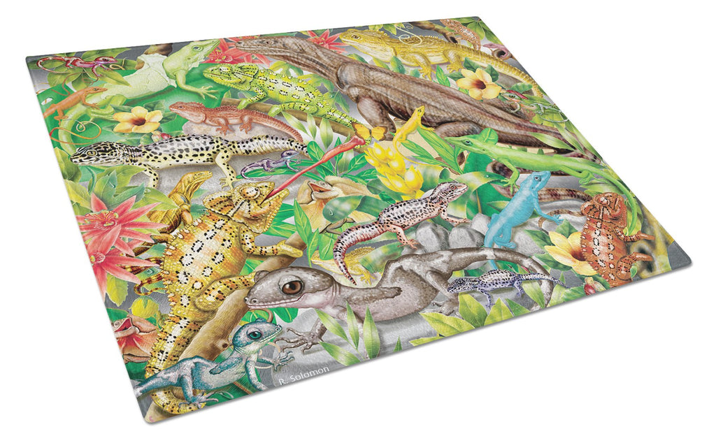 Lizard Jungle Cutting Board Tempered Glass Kitchen Cutting Surface, Heat Resistant Chopping, Non-Slip Feet, Food Prep & Serving