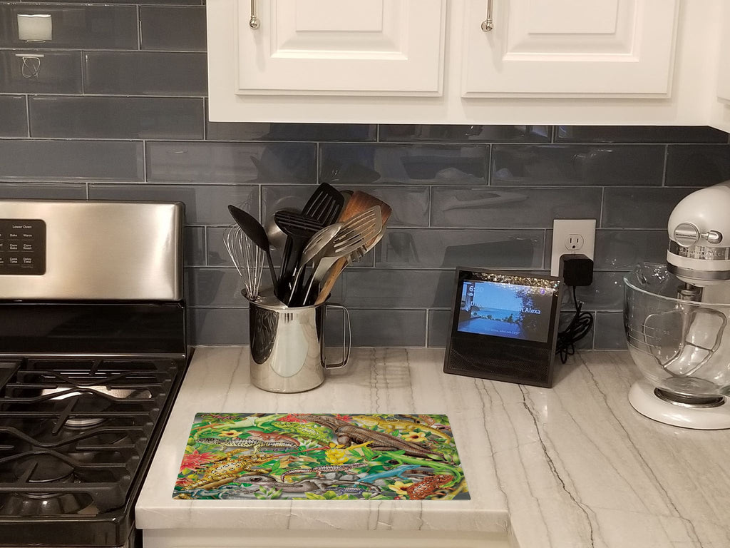 Lizard Jungle Cutting Board Tempered Glass Kitchen Cutting Surface, Heat Resistant Chopping, Non-Slip Feet, Food Prep & Serving
