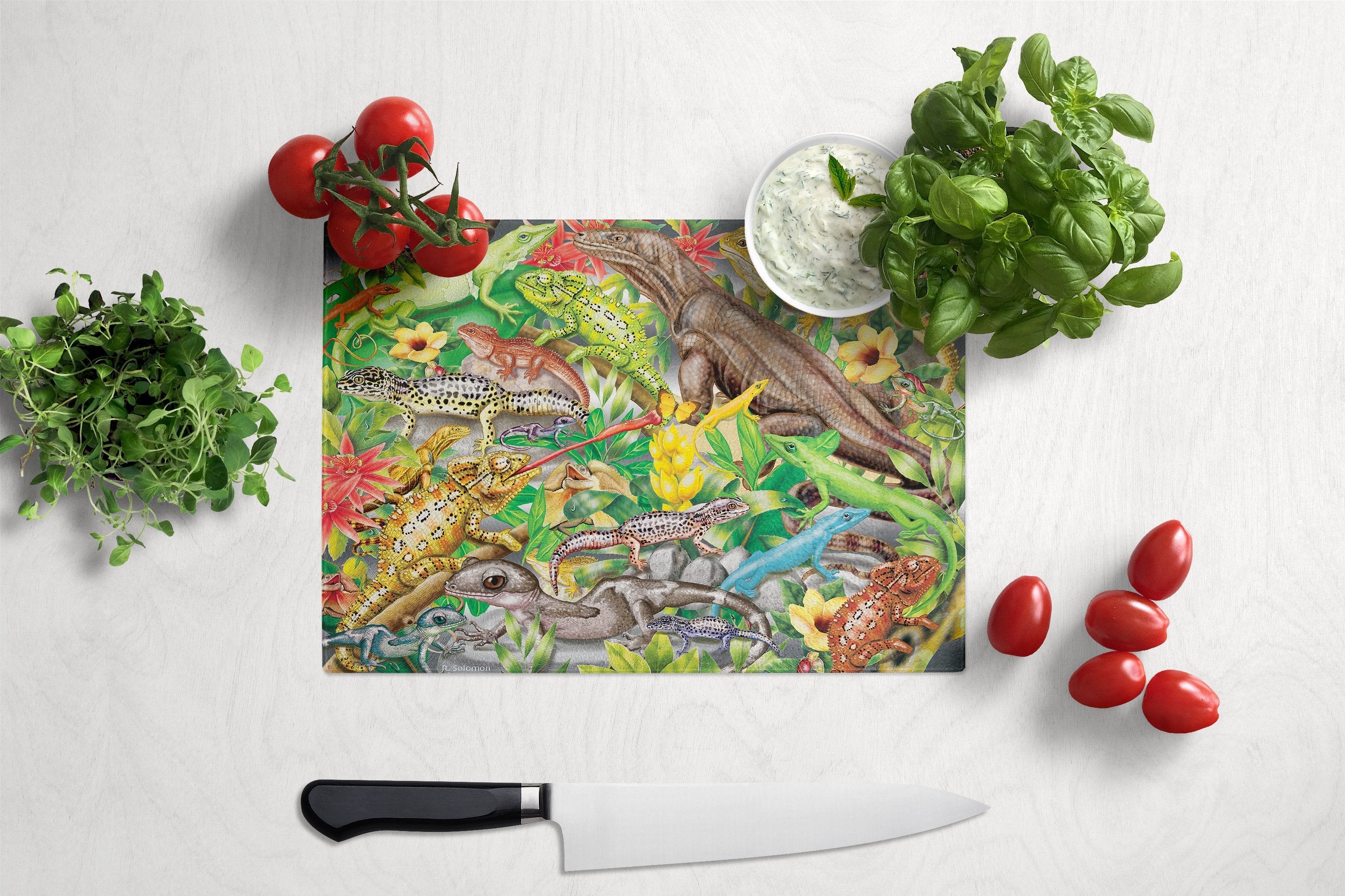 Lizard Jungle Cutting Board Tempered Glass Kitchen Cutting Surface, Heat Resistant Chopping, Non-Slip Feet, Food Prep & Serving