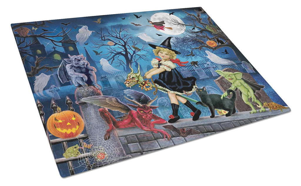 Littlest Witch's Halloween Party Cutting Board Tempered Glass Kitchen Cutting Surface, Heat Resistant Chopping, Non-Slip Feet, Food Prep & Serving