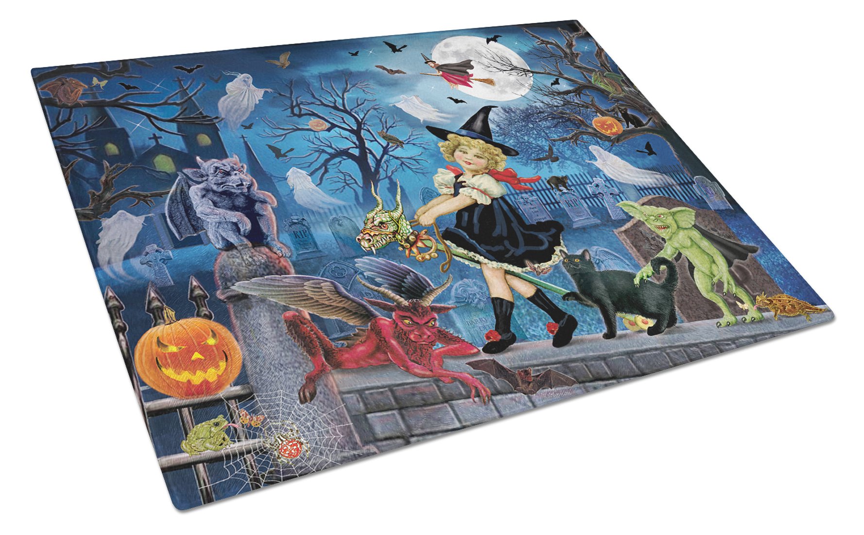Littlest Witch's Halloween Party Cutting Board Tempered Glass Kitchen Cutting Surface, Heat Resistant Chopping, Non-Slip Feet, Food Prep & Serving