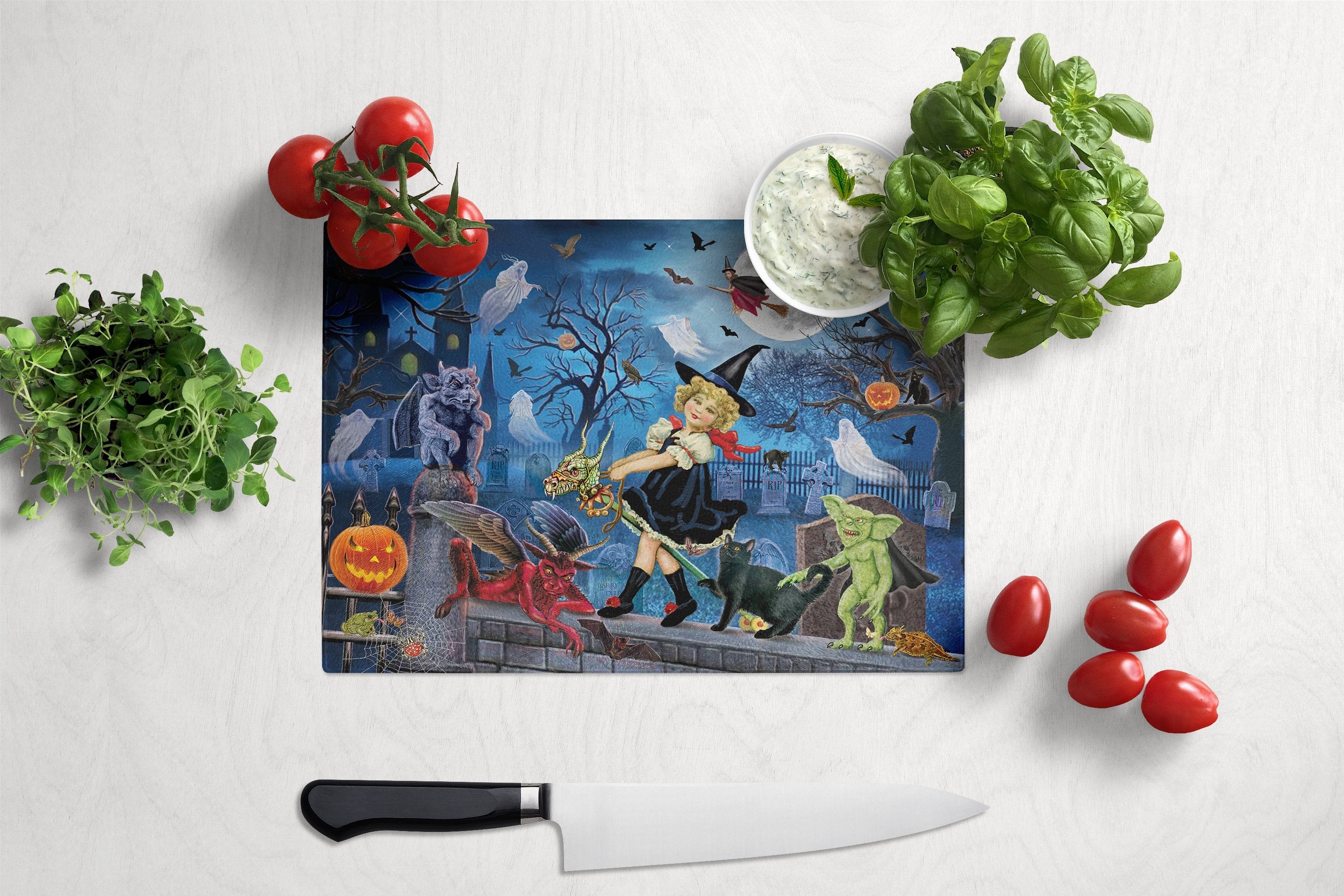 Littlest Witch's Halloween Party Cutting Board Tempered Glass Kitchen Cutting Surface, Heat Resistant Chopping, Non-Slip Feet, Food Prep & Serving