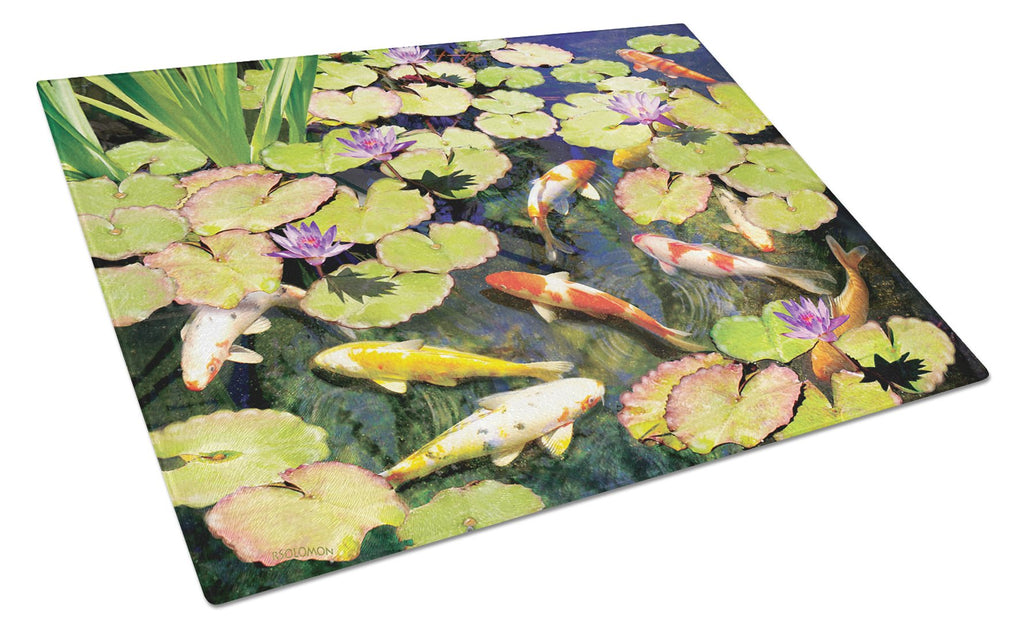Koi Pond IV Cutting Board Tempered Glass Kitchen Cutting Surface, Heat Resistant Chopping, Non-Slip Feet, Food Prep & Serving