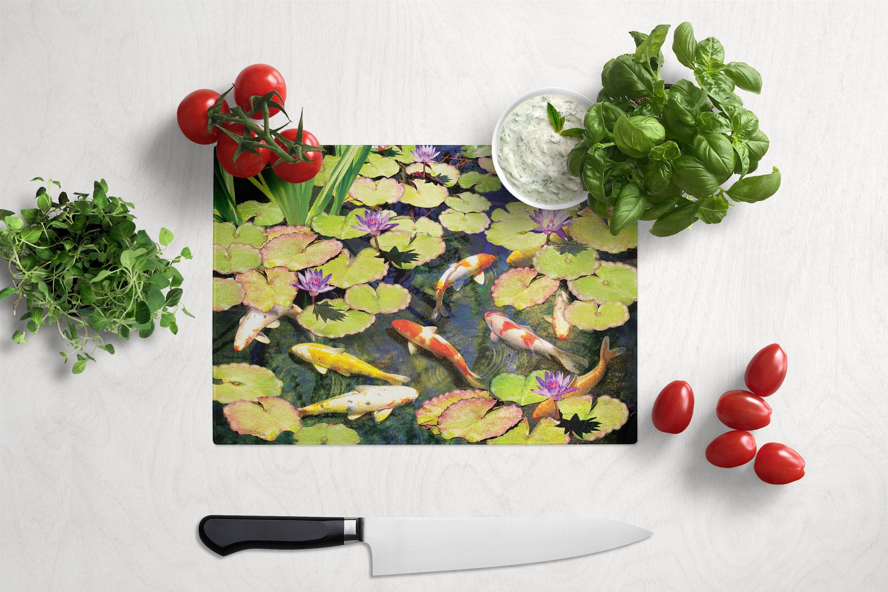 Koi Pond IV Cutting Board Tempered Glass Kitchen Cutting Surface, Heat Resistant Chopping, Non-Slip Feet, Food Prep & Serving