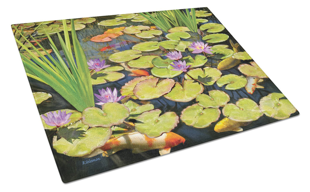 Koi Pond II Cutting Board Tempered Glass Kitchen Cutting Surface, Heat Resistant Chopping, Non-Slip Feet, Food Prep & Serving