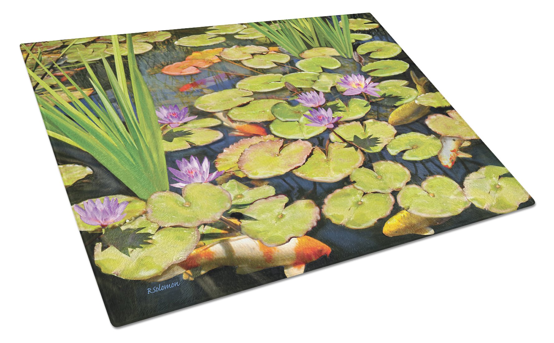 Koi Pond II Cutting Board Tempered Glass Kitchen Cutting Surface, Heat Resistant Chopping, Non-Slip Feet, Food Prep & Serving