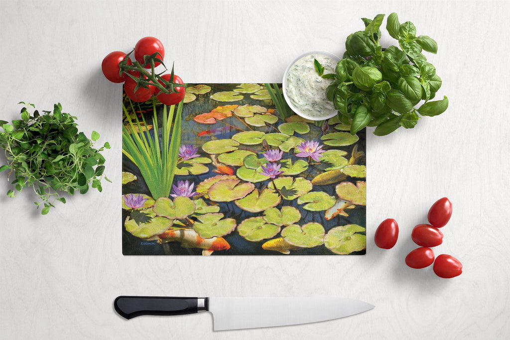 Koi Pond II Cutting Board Tempered Glass Kitchen Cutting Surface, Heat Resistant Chopping, Non-Slip Feet, Food Prep & Serving
