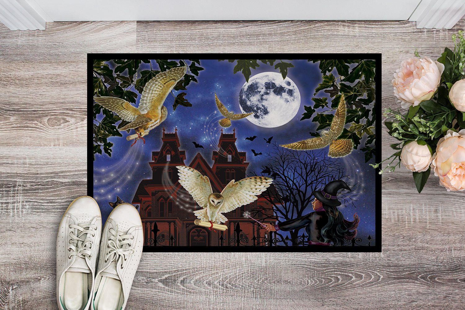 Halloween Owl Express Doormat Indoor Outdoor 24H X 36W Front Door Mat Rugs for Entryway, Non Slip Washable Low Pile,
