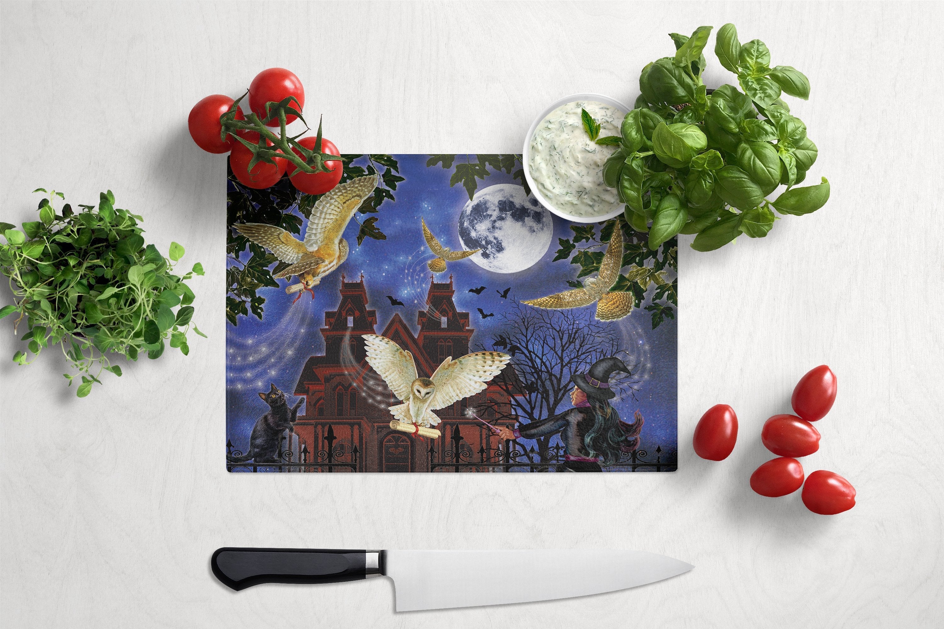 Halloween Owl Express Cutting Board Tempered Glass Kitchen Cutting Surface, Heat Resistant Chopping, Non-Slip Feet, Food Prep & Serving