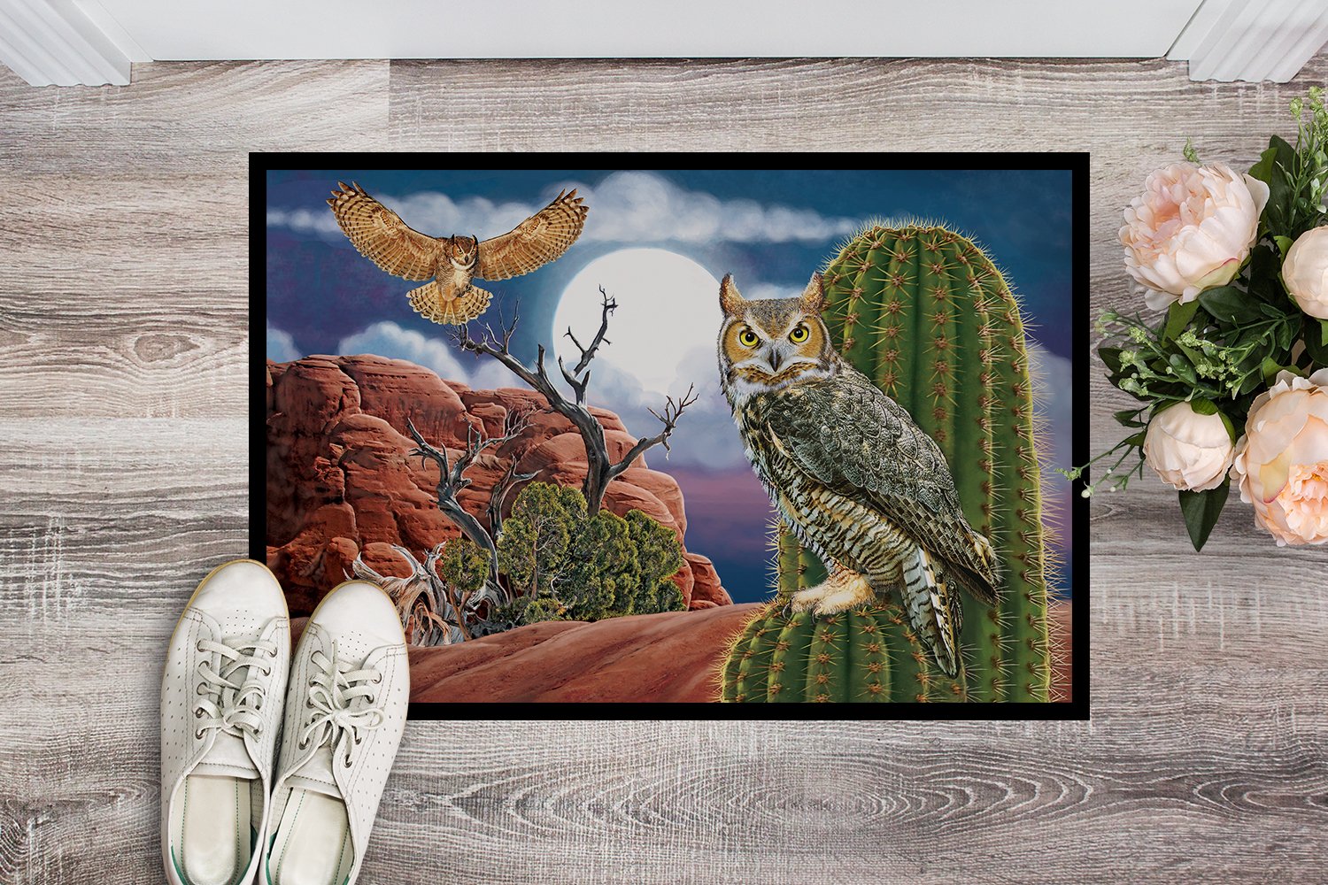 Great Horned Owl In The Desert Doormat Indoor Outdoor 24H X 36W Front Door Mat Rugs for Entryway, Non Slip Washable Low Pile,