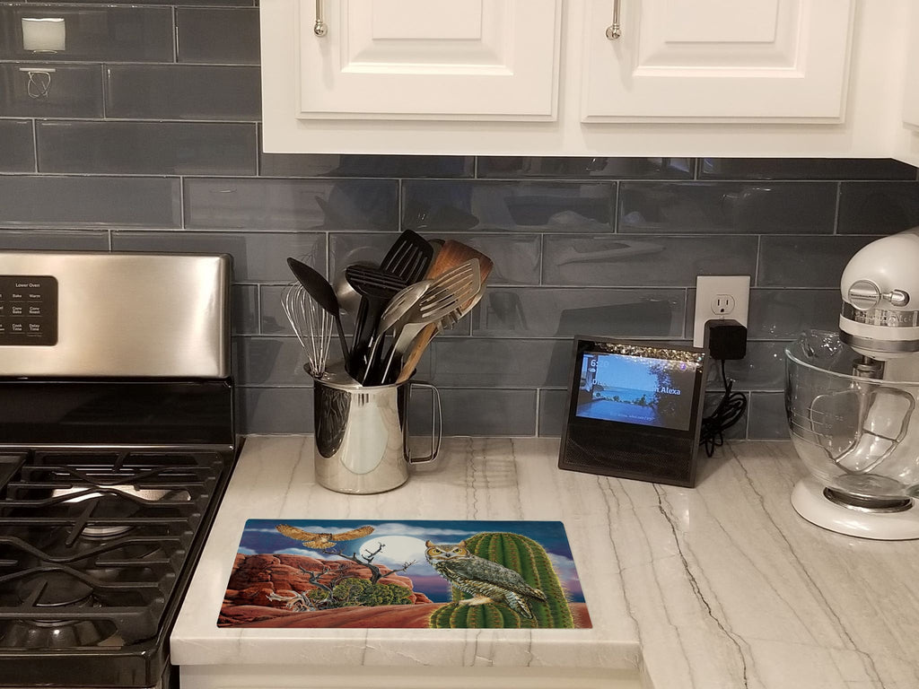 Great Horned Owl In The Desert Cutting Board Tempered Glass Kitchen Cutting Surface, Heat Resistant Chopping, Non-Slip Feet, Food Prep & Serving