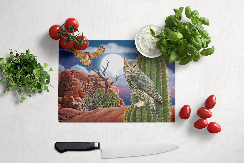 Great Horned Owl In The Desert Cutting Board Tempered Glass Kitchen Cutting Surface, Heat Resistant Chopping, Non-Slip Feet, Food Prep & Serving