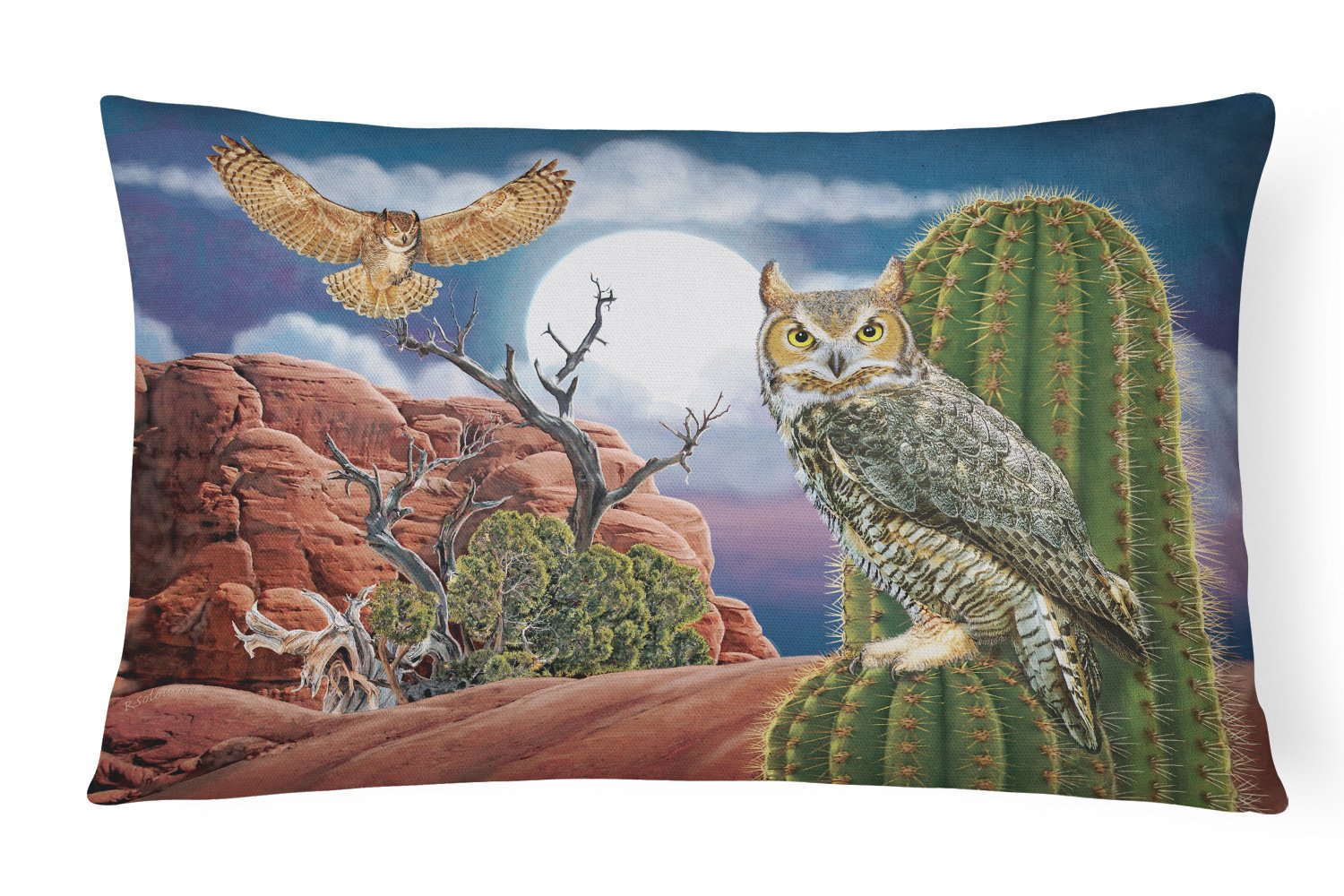 Great Horned Owl In The Desert Decorative Throw Pillow 12x16 Indoor Outdoor Accent Cushion, Fabric Cover with Insert for Sofa, Bed, Porch & Living Room