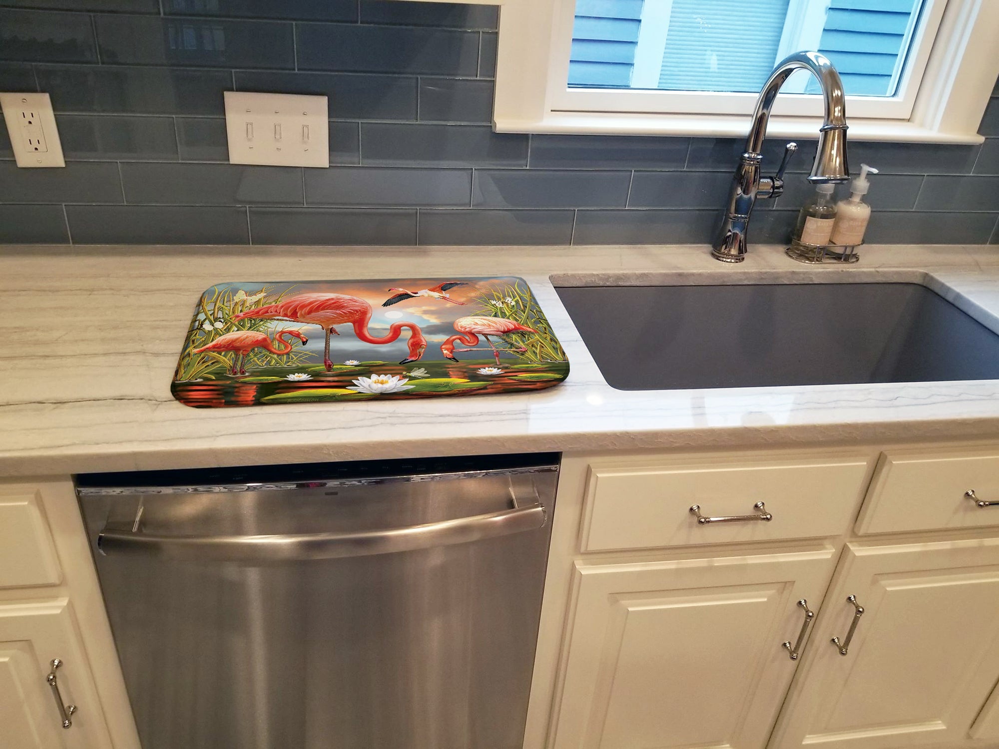 Flamingos Dish Drying Mat Absorbent Dish Drying Mat Pad for Kitchen Counter Dish Drainer Mat for Countertop, 14 x 21", Multicolor