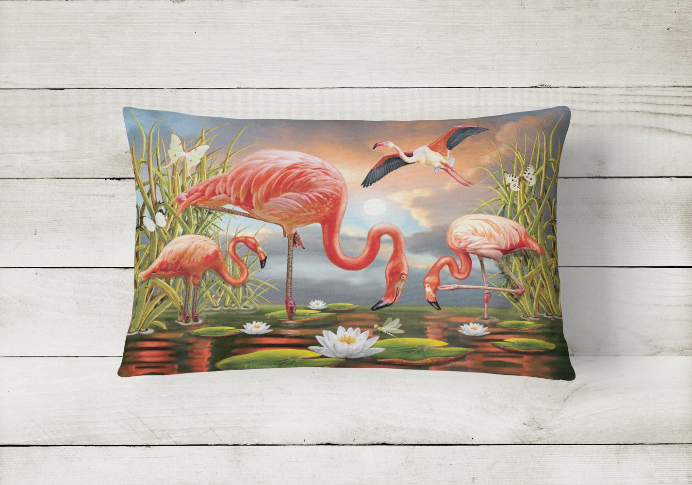 Flamingos Decorative Throw Pillow 12x16 Indoor Outdoor Accent Cushion, Fabric Cover with Insert for Sofa, Bed, Porch & Living Room