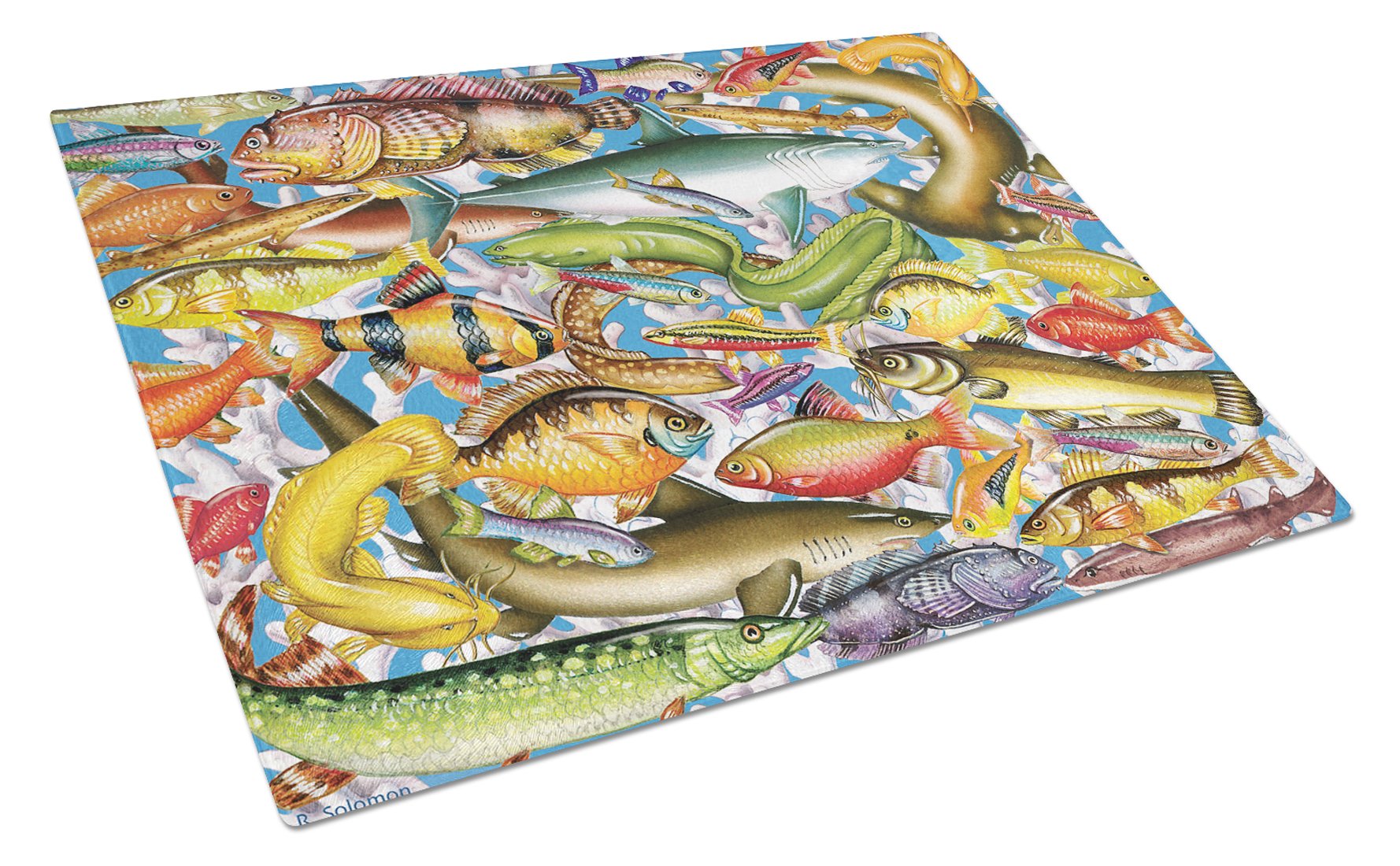 Fish of the Deep Cutting Board Tempered Glass Kitchen Cutting Surface, Heat Resistant Chopping, Non-Slip Feet, Food Prep & Serving