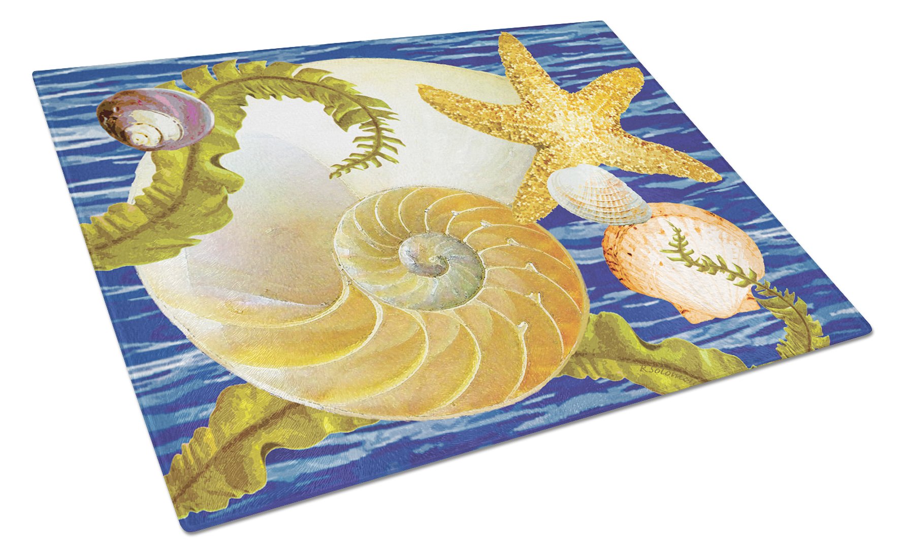 Cut Nautilus And Starfish Cutting Board Tempered Glass Kitchen Cutting Surface, Heat Resistant Chopping, Non-Slip Feet, Food Prep & Serving
