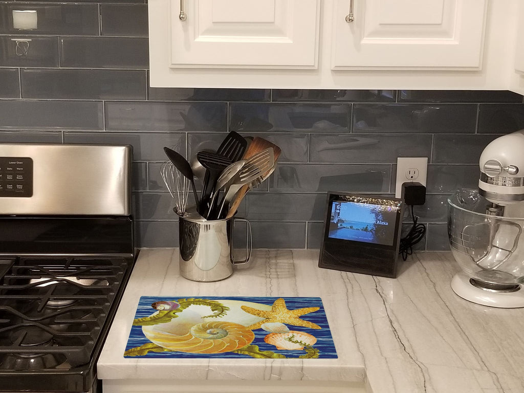 Cut Nautilus And Starfish Cutting Board Tempered Glass Kitchen Cutting Surface, Heat Resistant Chopping, Non-Slip Feet, Food Prep & Serving