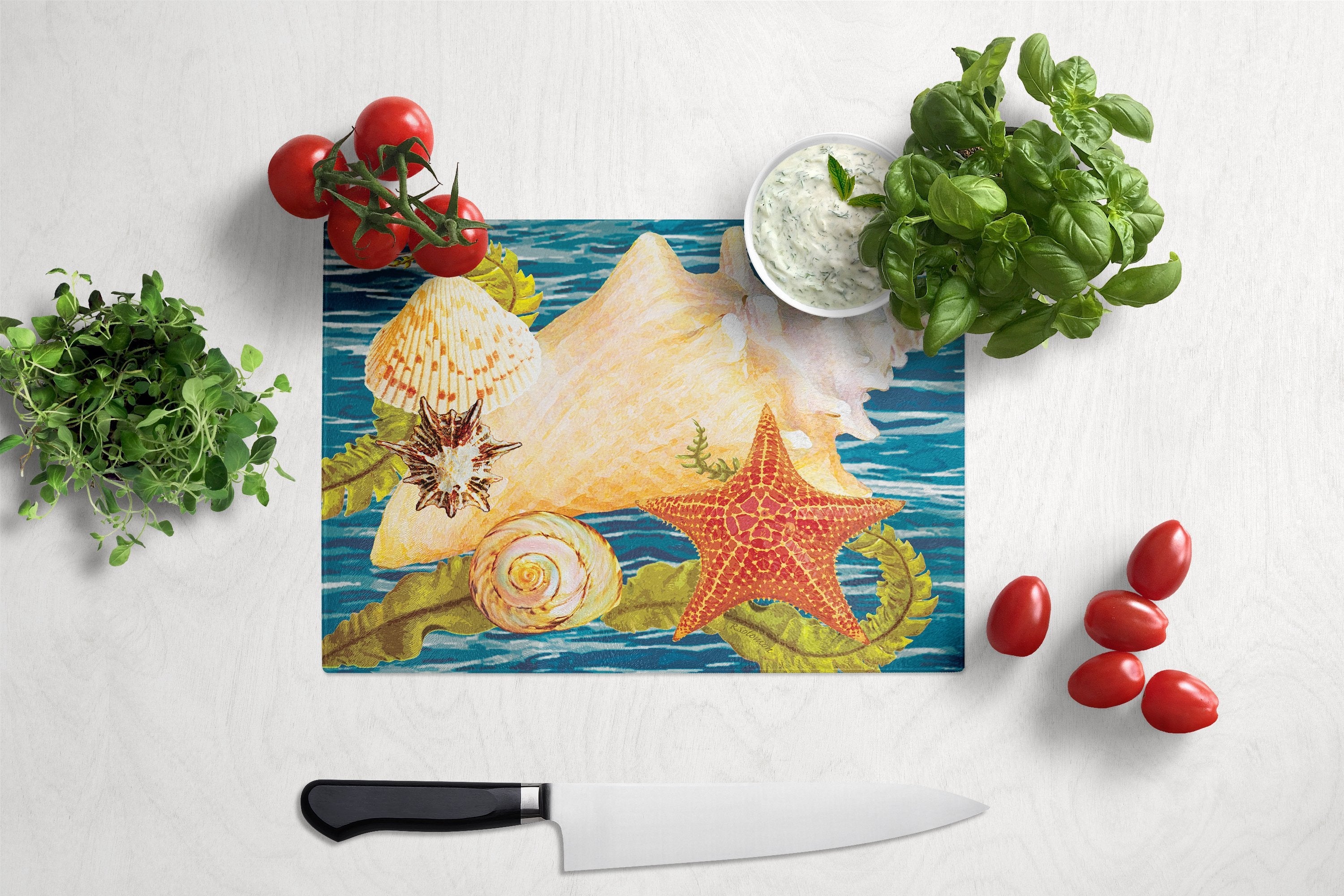 Conch Starfish And Cockle II Cutting Board Tempered Glass Kitchen Cutting Surface, Heat Resistant Chopping, Non-Slip Feet, Food Prep & Serving