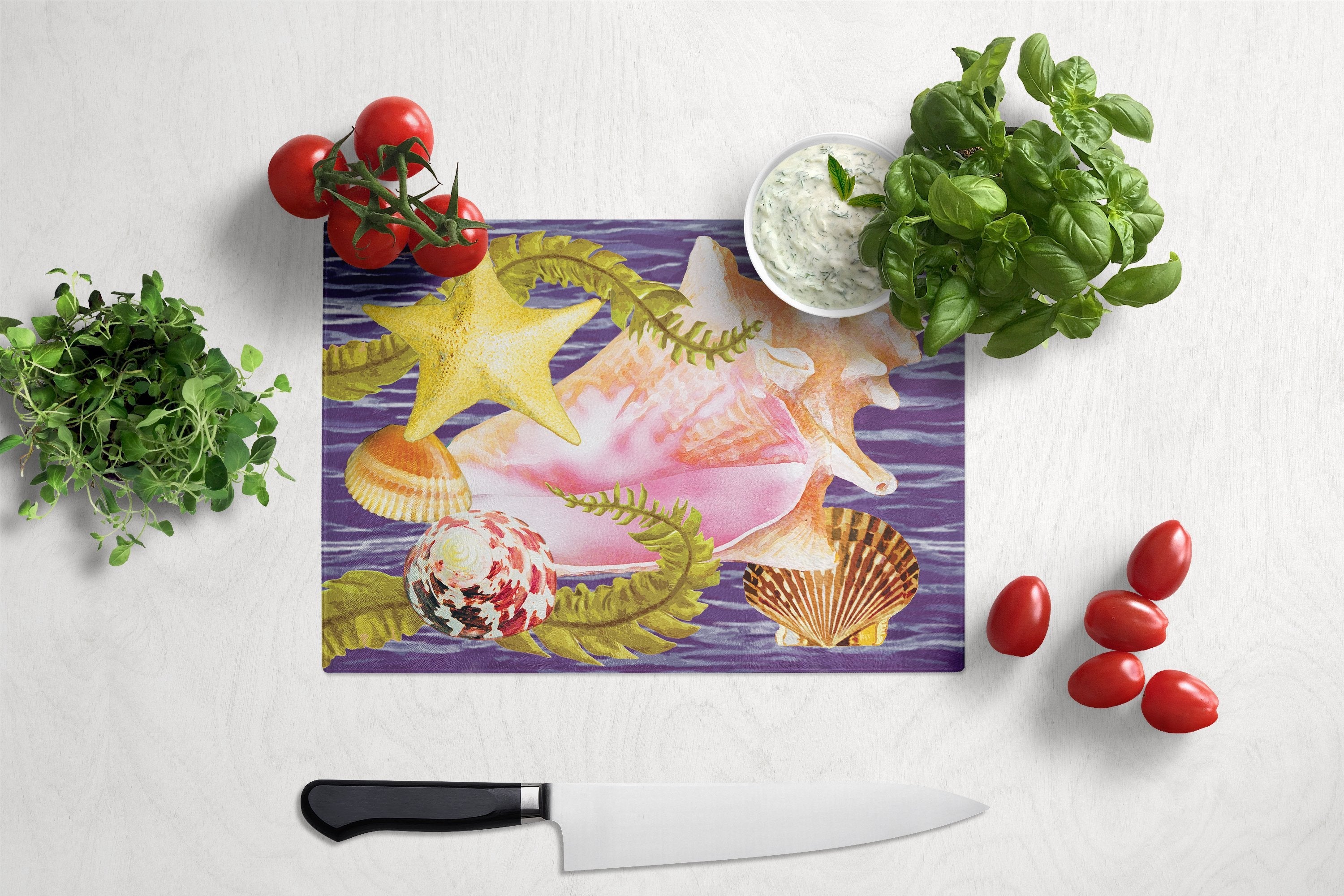 Conch And Starfish Cutting Board Tempered Glass Kitchen Cutting Surface, Heat Resistant Chopping, Non-Slip Feet, Food Prep & Serving