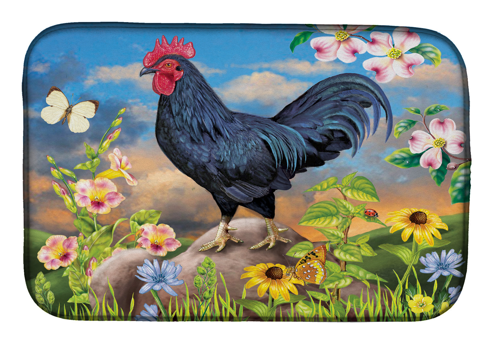 Black Rooster Dish Drying Mat Absorbent Dish Drying Mat Pad for Kitchen Counter Dish Drainer Mat for Countertop, 14 x 21", Multicolor