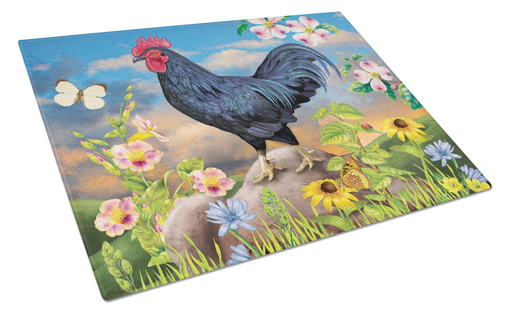 Black Rooster Cutting Board Tempered Glass Kitchen Cutting Surface, Heat Resistant Chopping, Non-Slip Feet, Food Prep & Serving