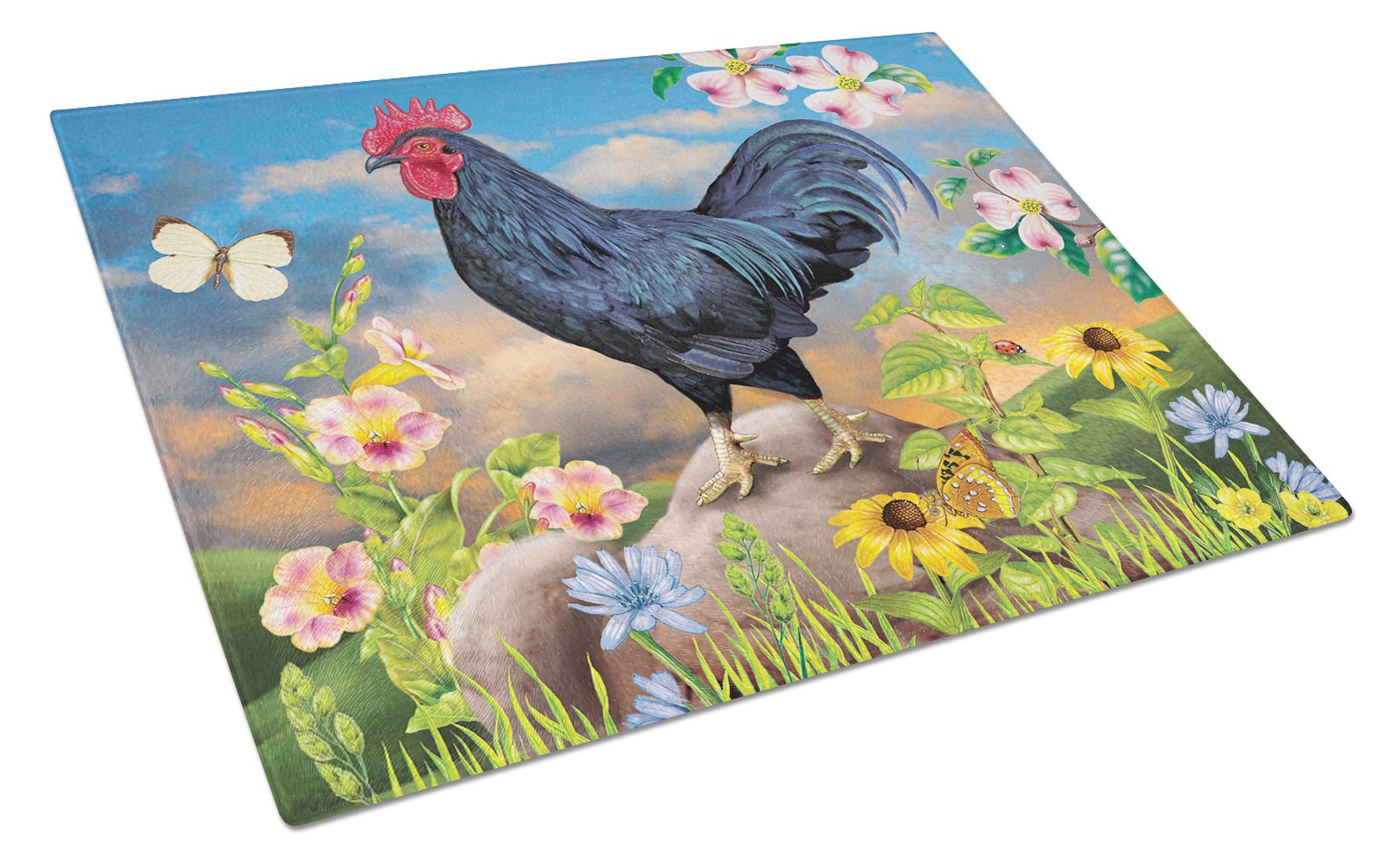 Black Rooster Cutting Board Tempered Glass Kitchen Cutting Surface, Heat Resistant Chopping, Non-Slip Feet, Food Prep & Serving