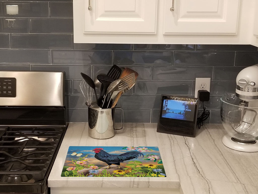 Black Rooster Cutting Board Tempered Glass Kitchen Cutting Surface, Heat Resistant Chopping, Non-Slip Feet, Food Prep & Serving